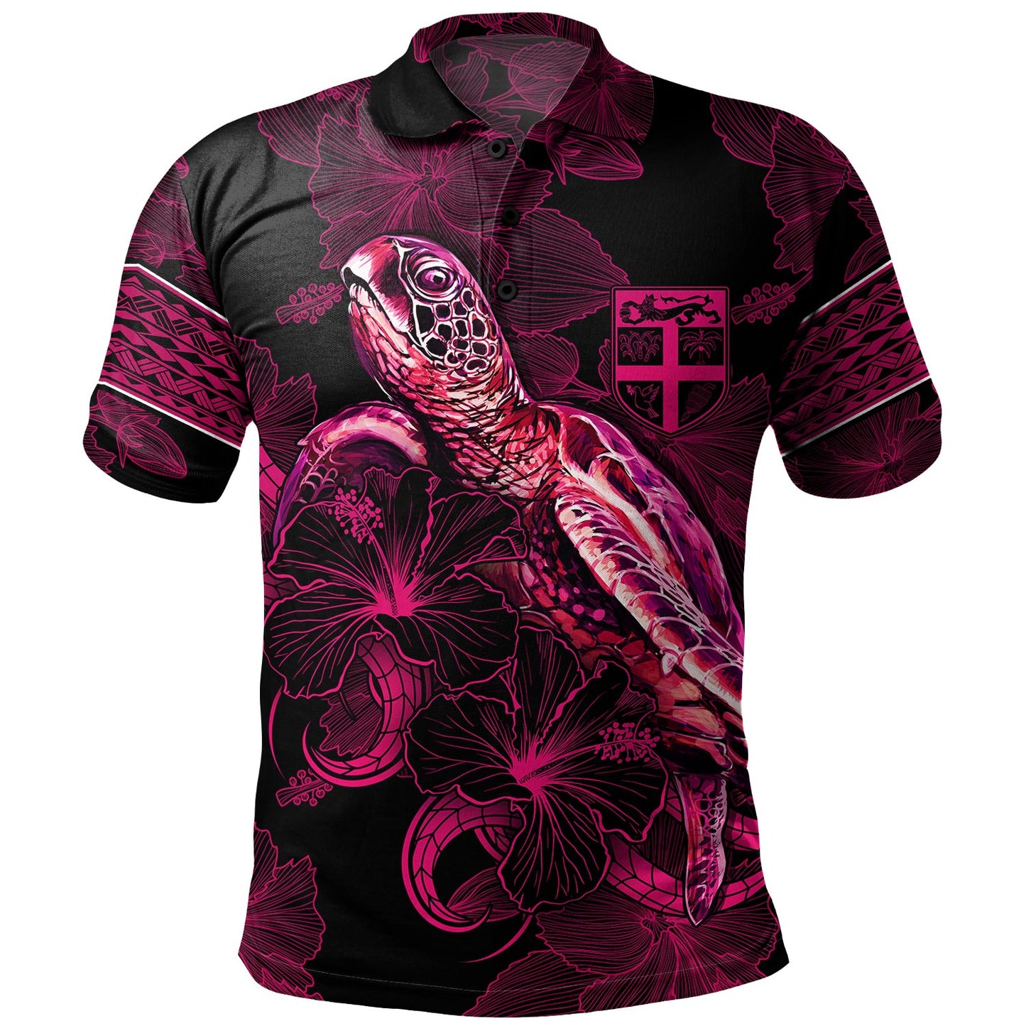 Fiji Polo Shirt Sea Turtle With Blooming Hibiscus Flowers Tribal Maroon