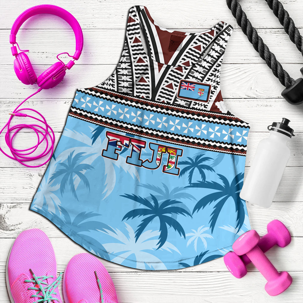 Fiji Women Tank Fijian Tribal Masi Design With Tropical Palm Leaves