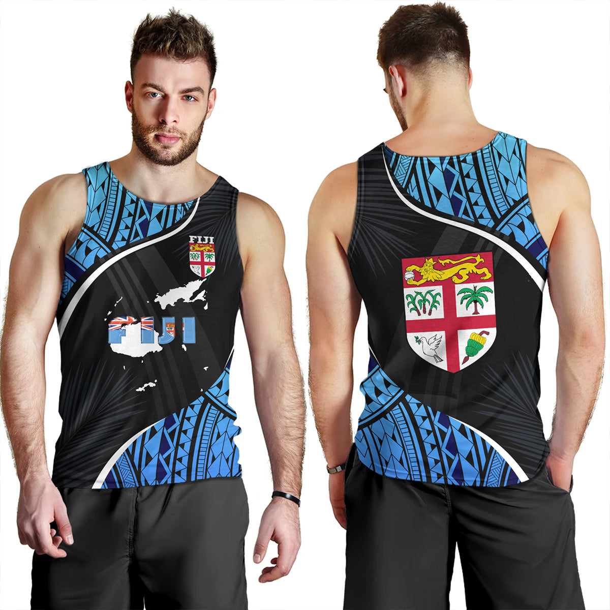 Fiji Tank Top Fiji Map With Coat Of Arms Polynesian Tatau Half Black