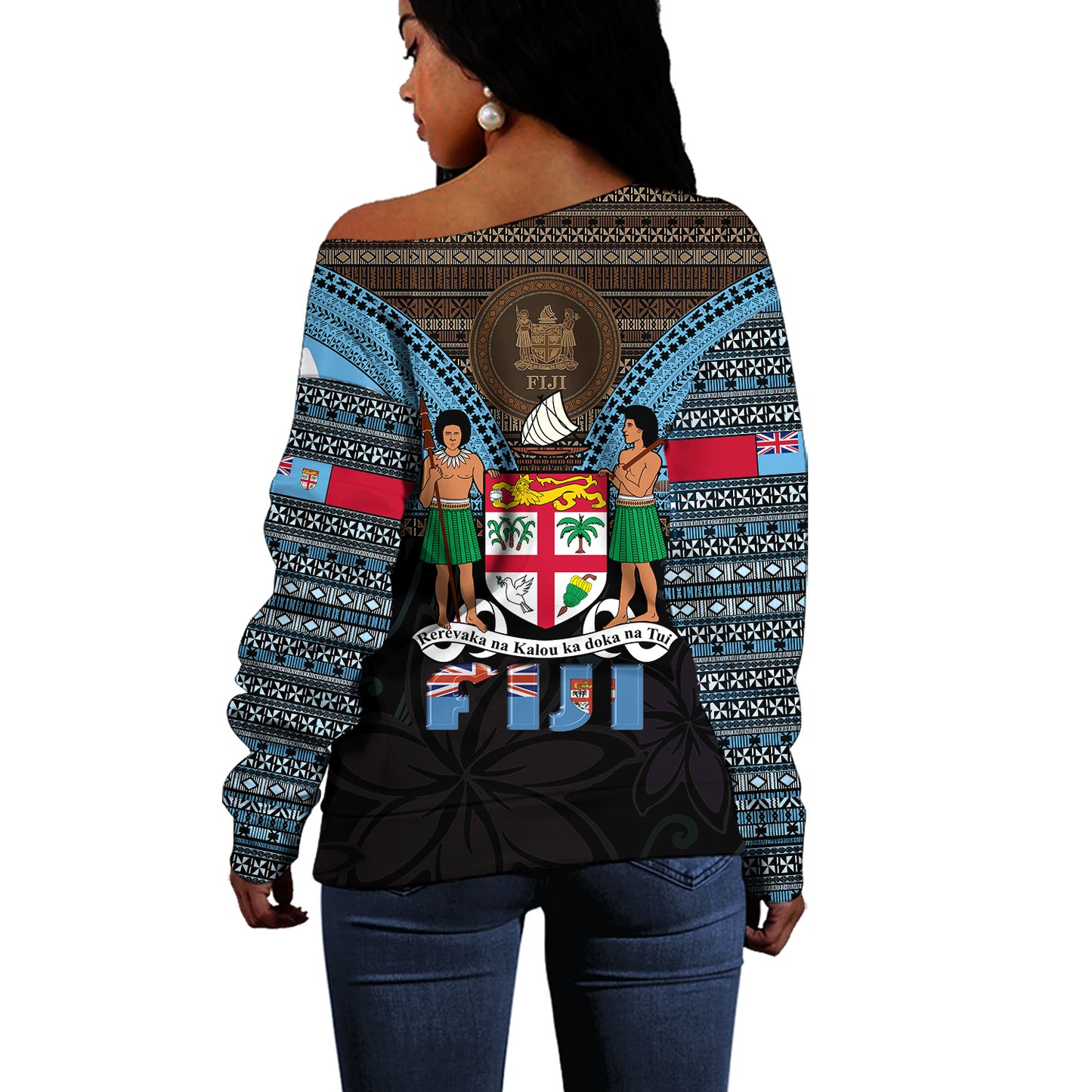 Fiji Off Shoulder Sweatshirt Fiji Brown Masi Design With Coat Of Arms Tribal Half Black