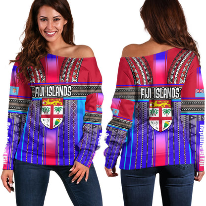 Fiji Off Shoulder Sweatshirt Fijian Traditional Masi Patterns Red