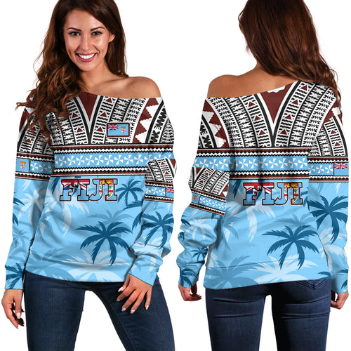 Fiji Off Shoulder Sweatshirt Fijian Tribal Masi Design With Tropical Palm Leaves