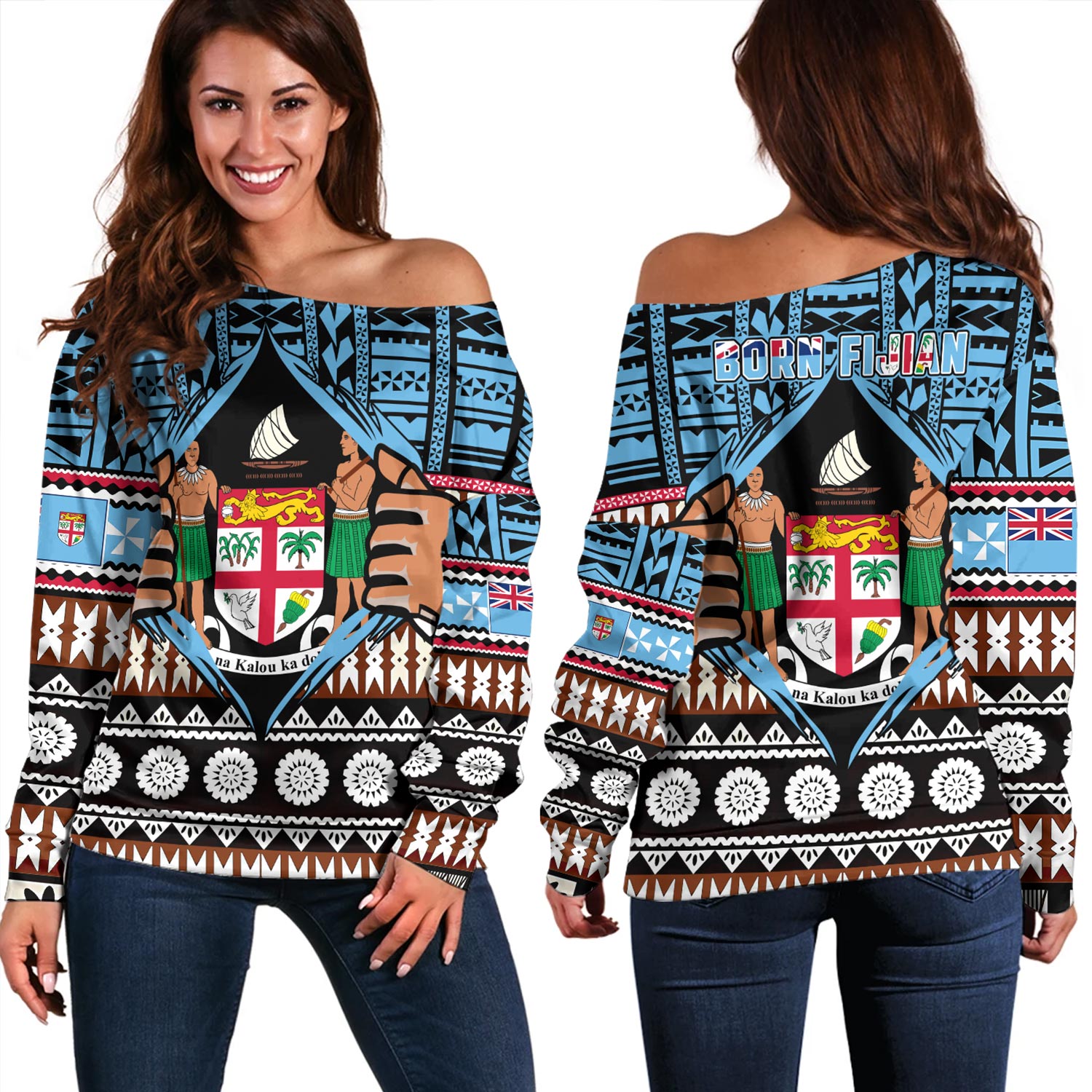 Fiji Off Shoulder Sweatshirt Born Fijian Masi Traditional Pattern Pacific Tribal Art