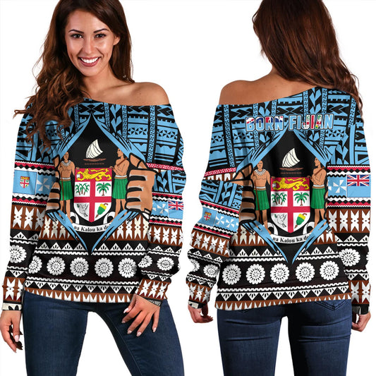 Fiji Off Shoulder Sweatshirt Born Fijian Masi Traditional Pattern Pacific Tribal Art