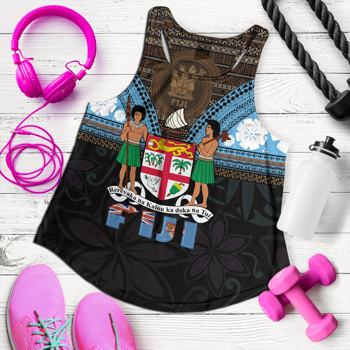 Fiji Women Tank Fiji Brown Masi Design With Coat Of Arms Tribal Half Black