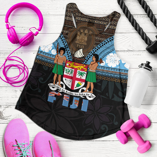 Fiji Women Tank Fiji Brown Masi Design With Coat Of Arms Tribal Half Black