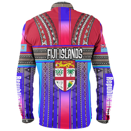 Fiji Long Sleeve Shirt Fijian Traditional Masi Patterns Red