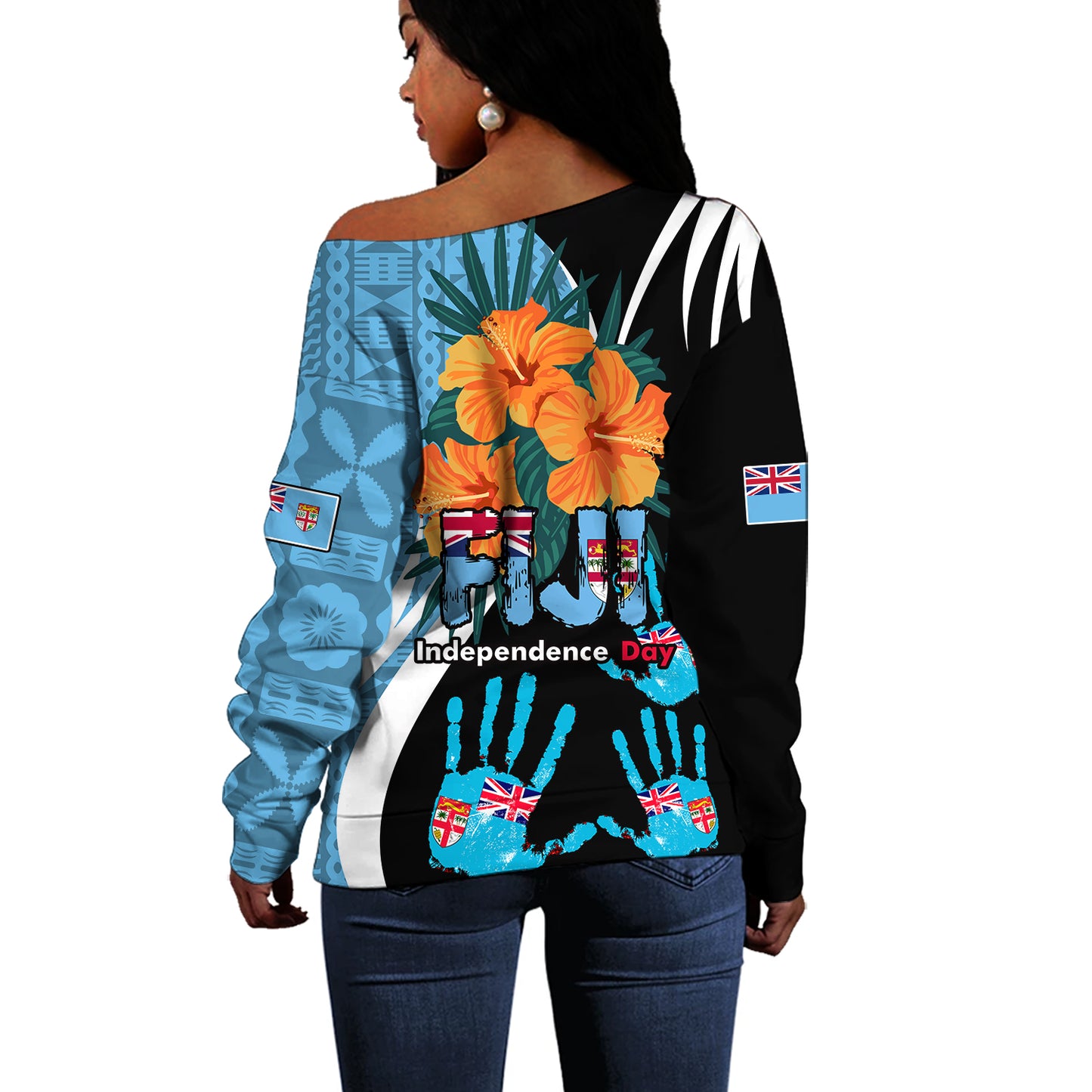 Fiji Off Shoulder Sweatshirt Fiji Day The Bula Spirit Fijian Hand Print Tapa Pattern Tropical Flowers