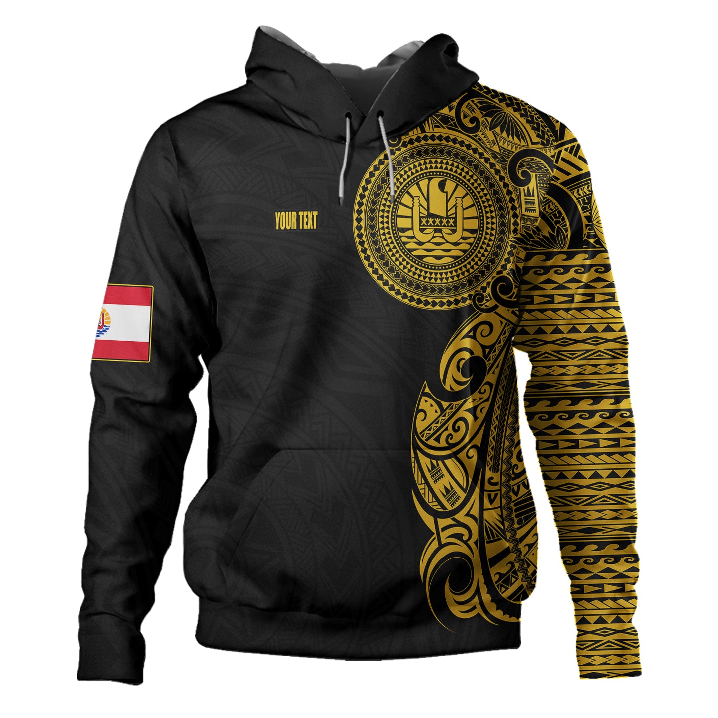 French Polynesia Hoodie Custom Polynesian Half Sleeve Gold Tattoo With Seal Black