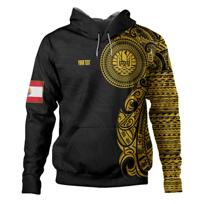French Polynesia Hoodie Custom Polynesian Half Sleeve Gold Tattoo With Seal Black