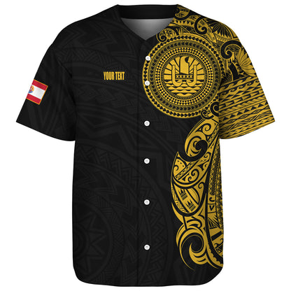 French Polynesia Baseball Shirt Custom Polynesian Half Sleeve Gold Tattoo With Seal Black