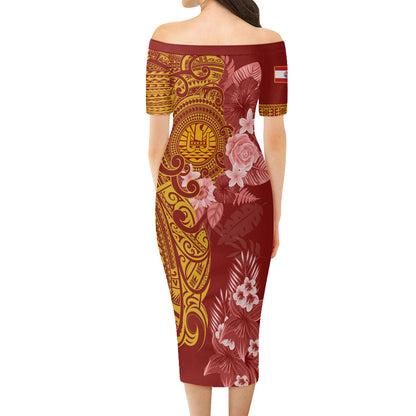 French Polynesia Short Sleeve Off The Shoulder Lady Dress Polynesian Tropical Plumeria Tribal Red