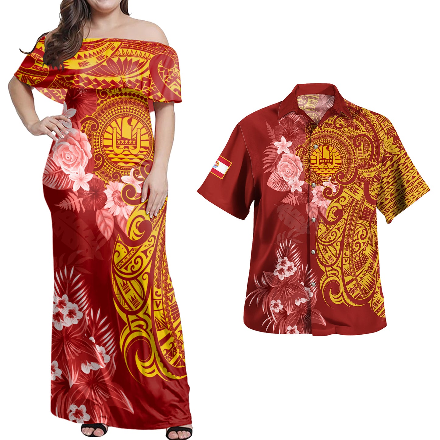 French Polynesia Combo Off Shoulder Long Dress And Shirt Polynesian Tropical Plumeria Tribal Red