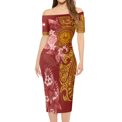 French Polynesia Combo Short Sleeve Dress And Shirt Polynesian Tropical Plumeria Tribal Red