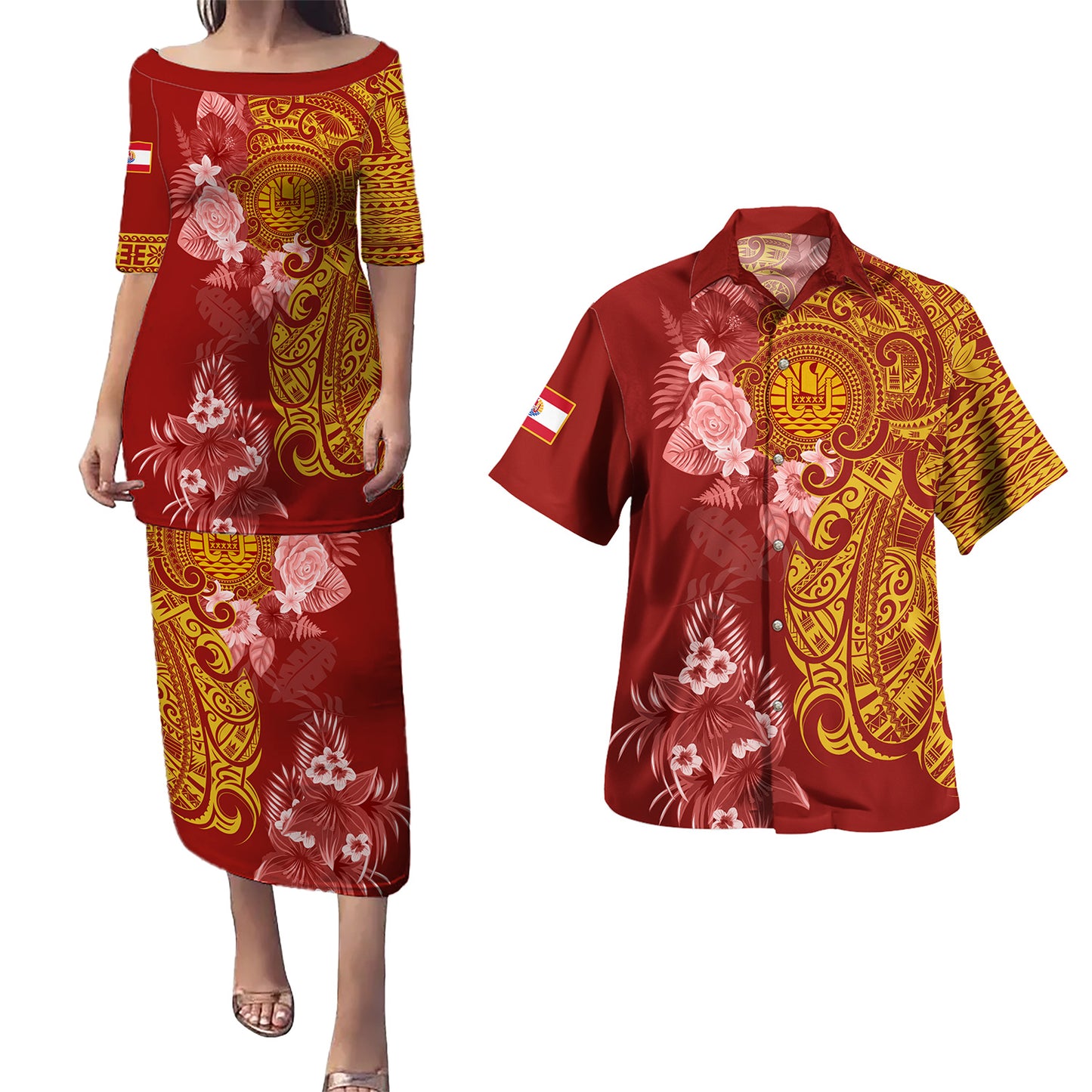 French Polynesia Combo Short Sleeve Dress And Shirt Polynesian Tropical Plumeria Tribal Red