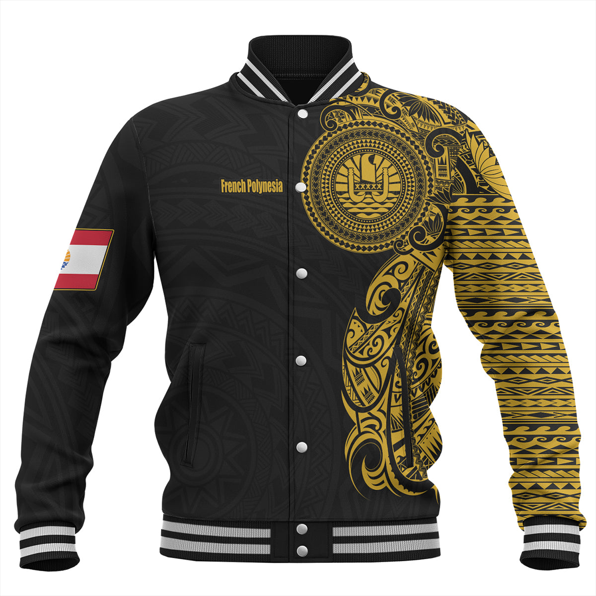 French Polynesia Baseball Jacket Custom Polynesian Half Sleeve Gold Tattoo With Seal Black