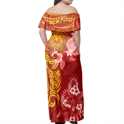 French Polynesia Combo Off Shoulder Long Dress And Shirt Polynesian Tropical Plumeria Tribal Red