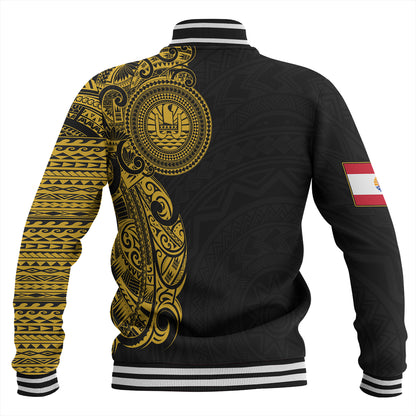 French Polynesia Baseball Jacket Custom Polynesian Half Sleeve Gold Tattoo With Seal Black