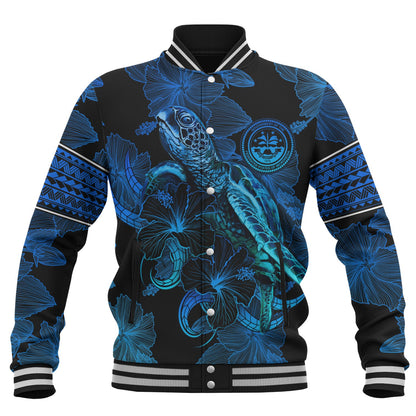 Federated States Of Micronesia Baseball Jacket Sea Turtle With Blooming Hibiscus Flowers Tribal Blue