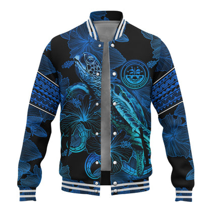 Federated States Of Micronesia Baseball Jacket Sea Turtle With Blooming Hibiscus Flowers Tribal Blue