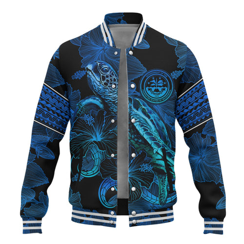 Federated States Of Micronesia Baseball Jacket Sea Turtle With Blooming Hibiscus Flowers Tribal Blue