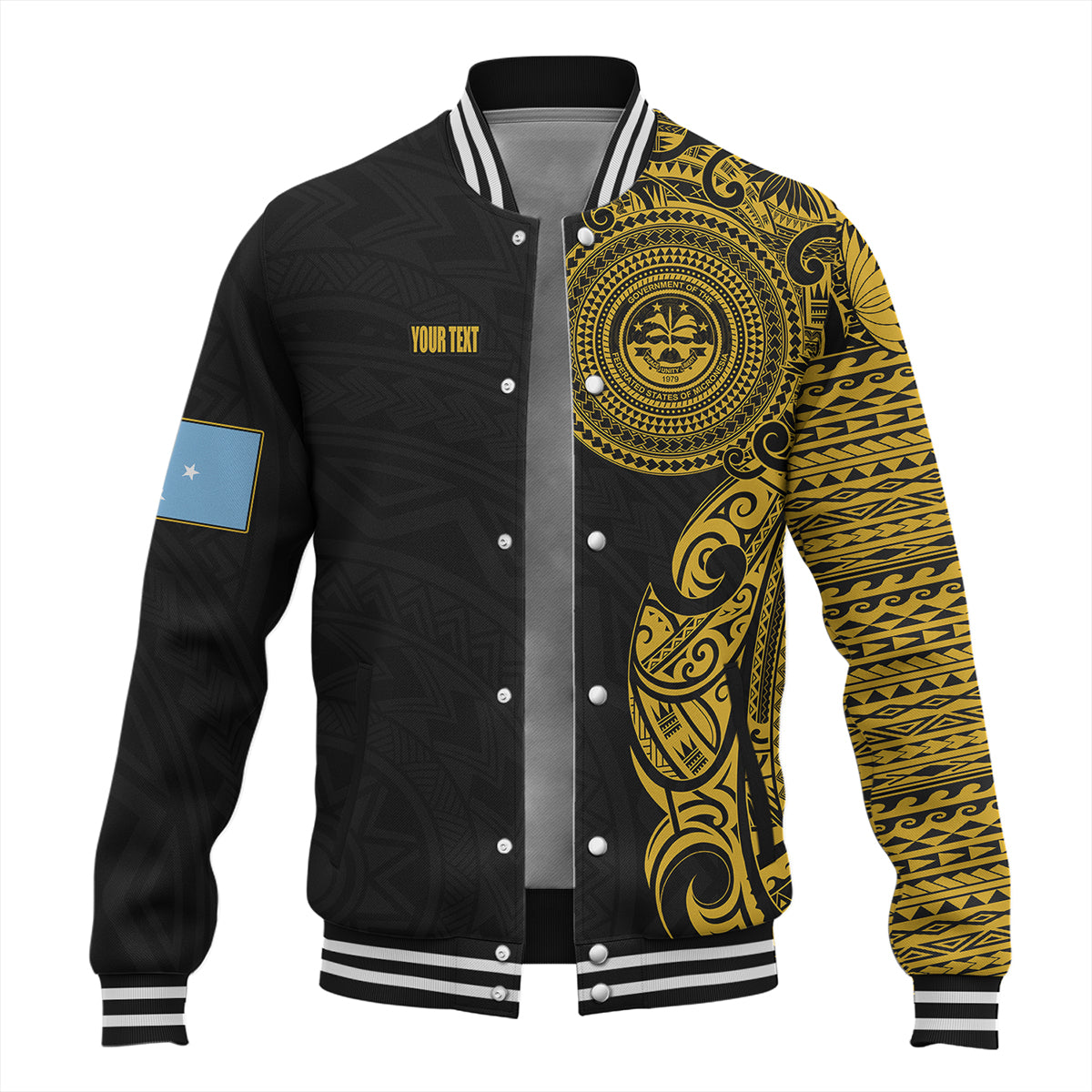 Federated States Of Micronesia Baseball Jacket Custom Polynesian Half Sleeve Gold Tattoo With Seal Black
