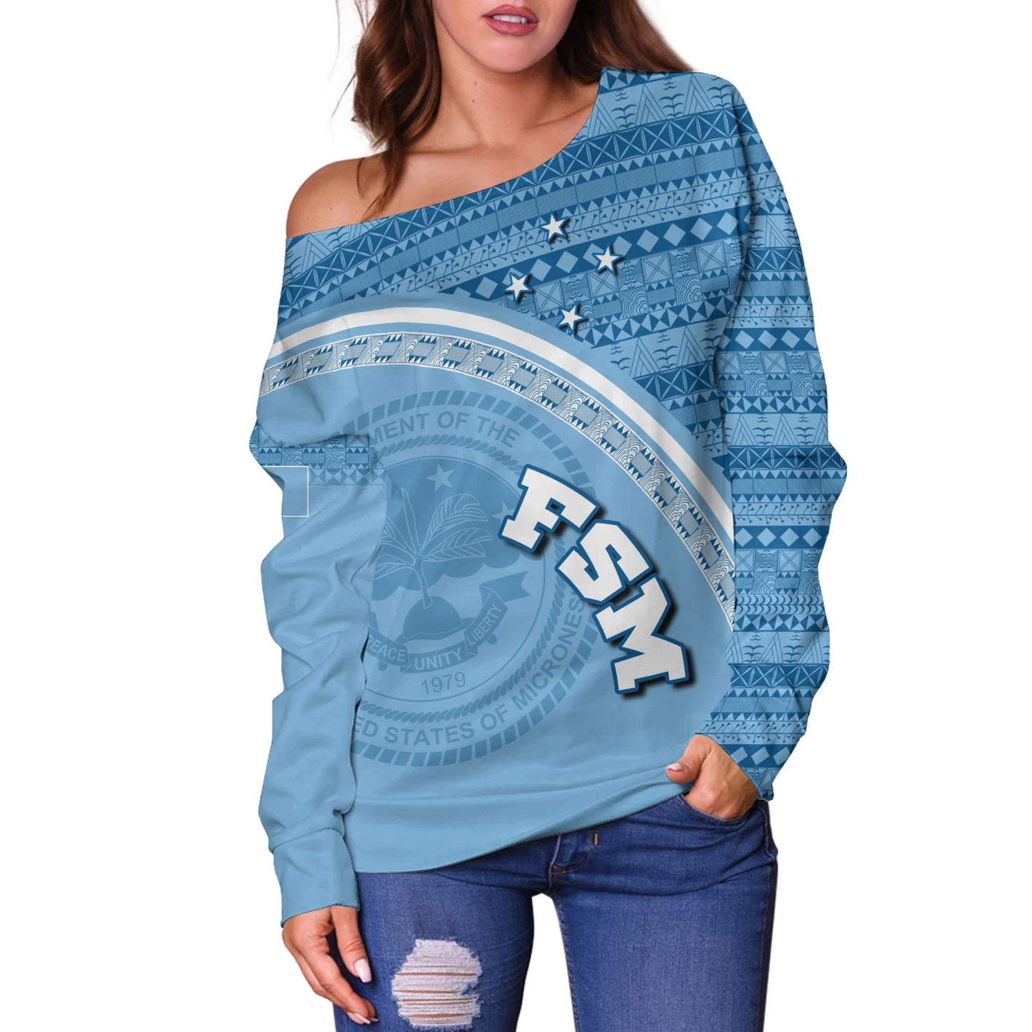 Federated States Of Micronesia Custom Personalised Off Shoulder Sweatshirt Micronesia Tribal Patterns Curve Style