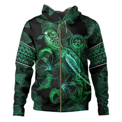 Federated States Of Micronesia Hoodie  Sea Turtle With Blooming Hibiscus Flowers Tribal Green