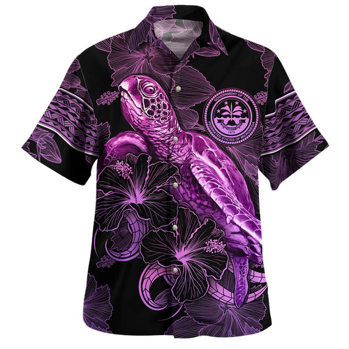 Guam Hawaiian Shirt Sea Turtle With Blooming Hibiscus Flowers Tribal Purple