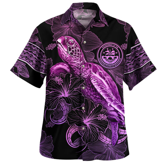 Guam Hawaiian Shirt Sea Turtle With Blooming Hibiscus Flowers Tribal Purple
