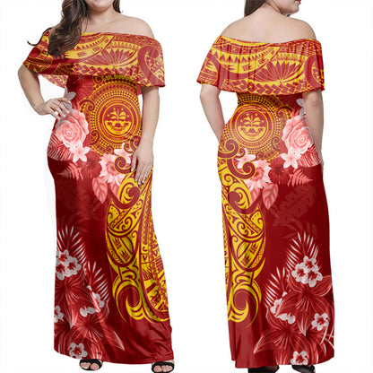 Federated States Of Micronesia Off Shoulder Long Dress Polynesian Tropical Plumeria Tribal Red