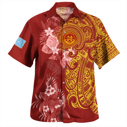 Federated States Of Micronesia Combo Off Shoulder Long Dress And Shirt Polynesian Tropical Plumeria Tribal Red
