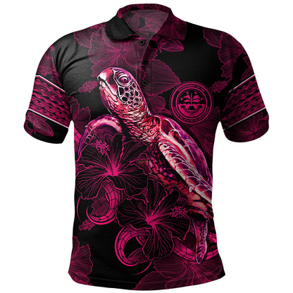 Federated States Of Micronesia Polo Shirt Sea Turtle With Blooming Hibiscus Flowers Tribal Maroon