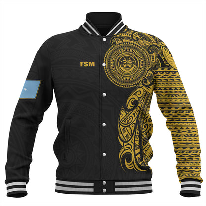 Federated States Of Micronesia Baseball Jacket Custom Polynesian Half Sleeve Gold Tattoo With Seal Black