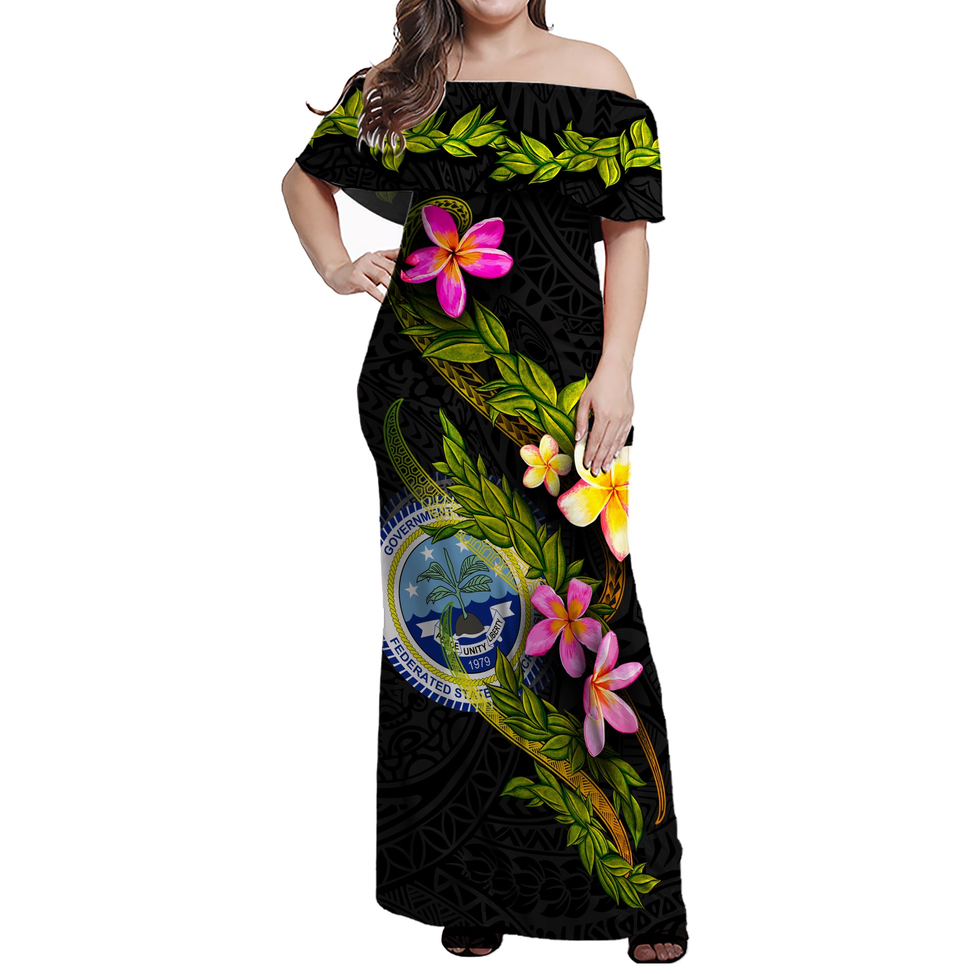 Federated States of Micronesia Women Off Shoulder Long Dress - Plumeria Tribal
