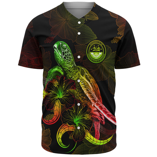 Federated States Of Micronesia Baseball Shirt Sea Turtle With Blooming Hibiscus Flowers Reggae