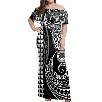 Federated States Of Micronesia Woman Off Shoulder Long Dress Coat Of Arms Kakau Style White