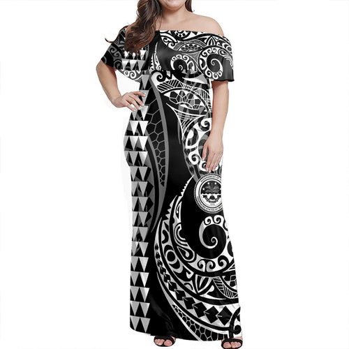 Federated States Of Micronesia Woman Off Shoulder Long Dress Coat Of Arms Kakau Style White