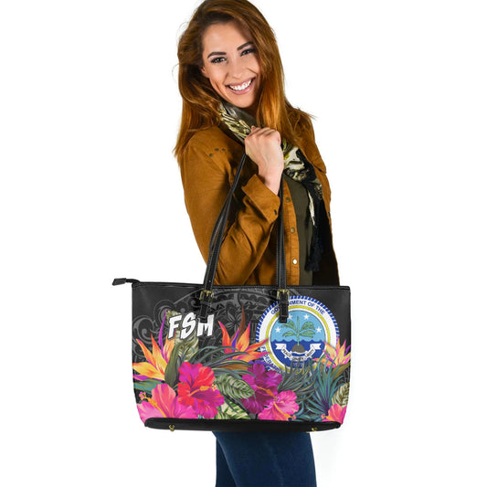 Federated States of Micronesia Custom Personalised Leather Tote Polynesian Hibiscus Pattern