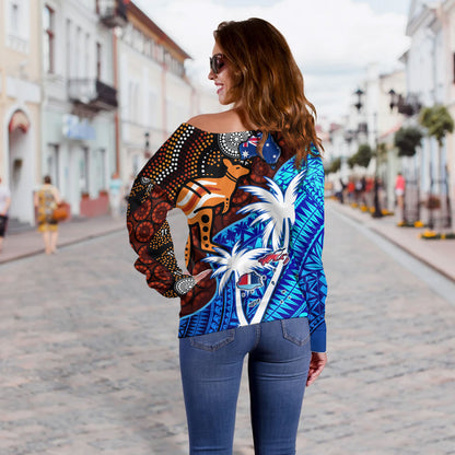 Fiji And Australia Off Shoulder Sweatshirt Fijian Flag Tapa Patterns With Aboriginal Kangaroo