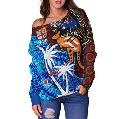 Fiji And Australia Off Shoulder Sweatshirt Fijian Flag Tapa Patterns With Aboriginal Kangaroo