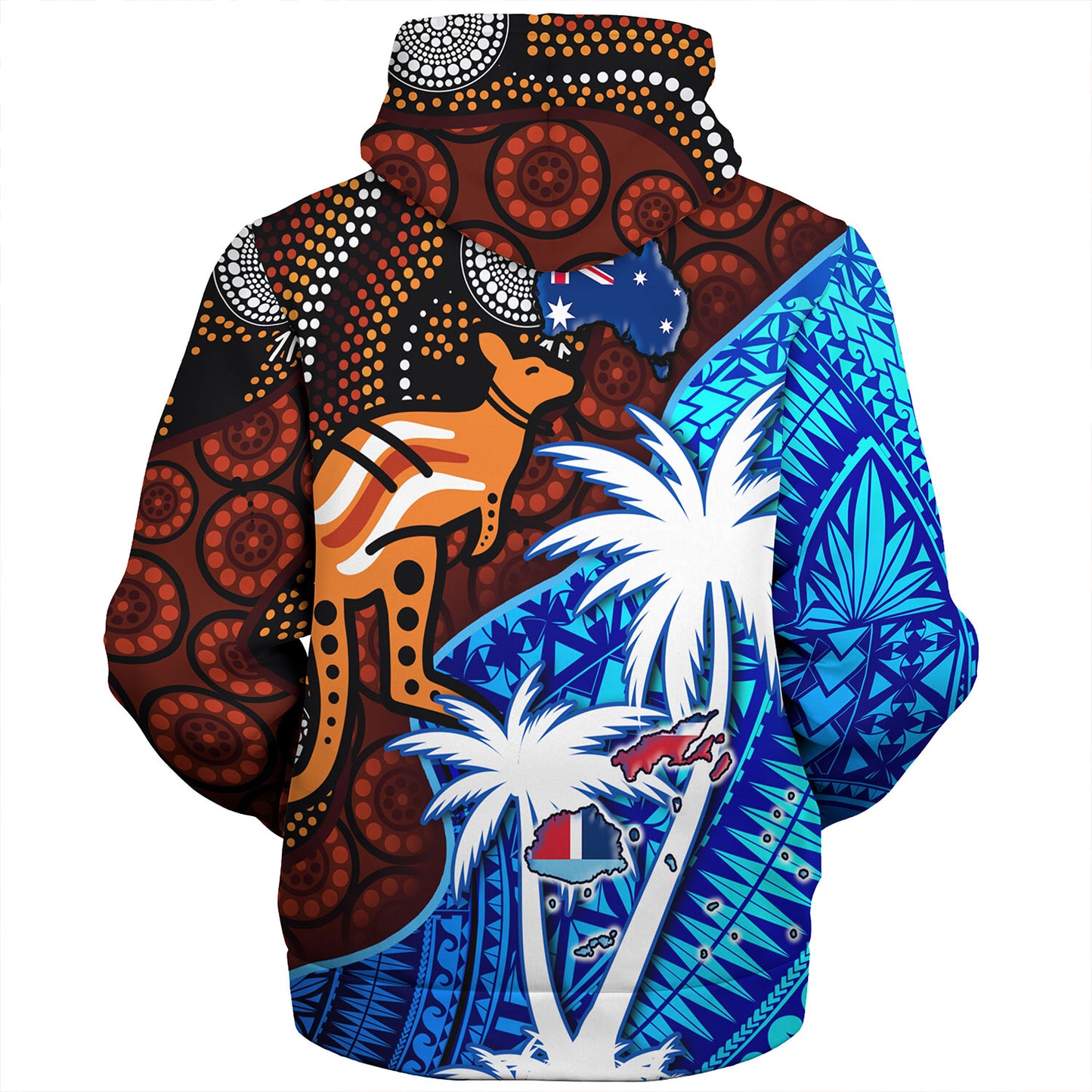 Fiji And Australia Sherpa Hoodie Fijian Flag Tapa Patterns With Aboriginal Kangaroo