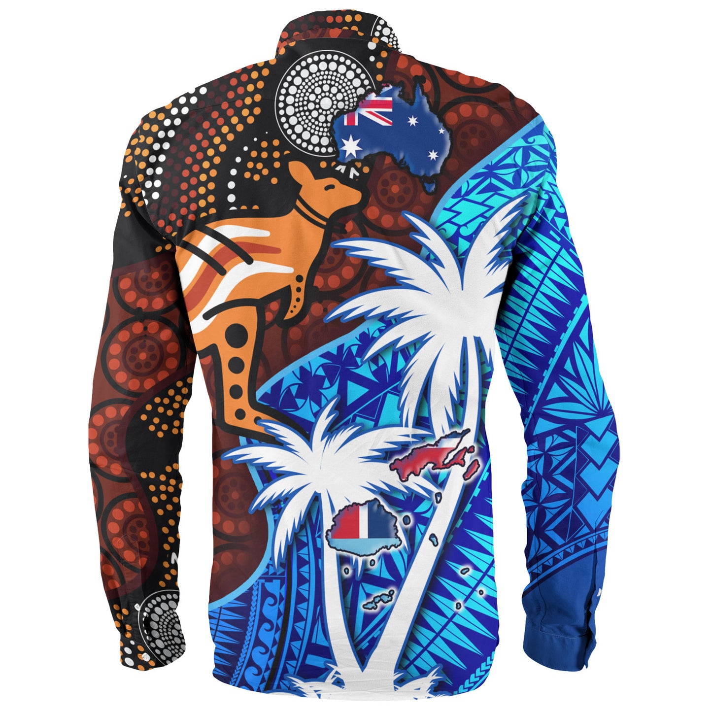 Fiji And Australia Long Sleeve Shirt Fijian Flag Tapa Patterns With Aboriginal Kangaroo