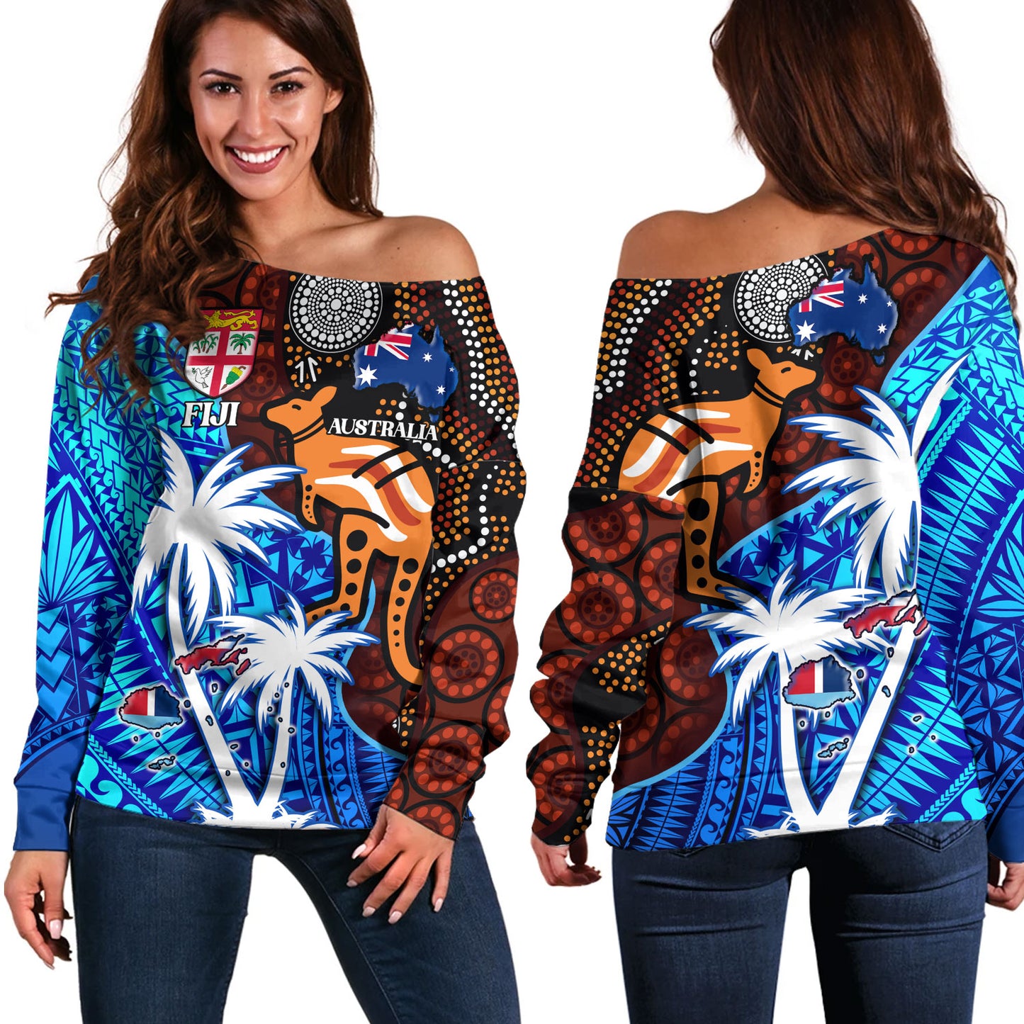 Fiji And Australia Off Shoulder Sweatshirt Fijian Flag Tapa Patterns With Aboriginal Kangaroo