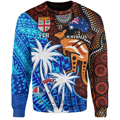Fiji And Australia Sweatshirt Fijian Flag Tapa Patterns With Aboriginal Kangaroo