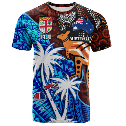 Fiji And Australia T-Shirt Fijian Flag Tapa Patterns With Aboriginal Kangaroo