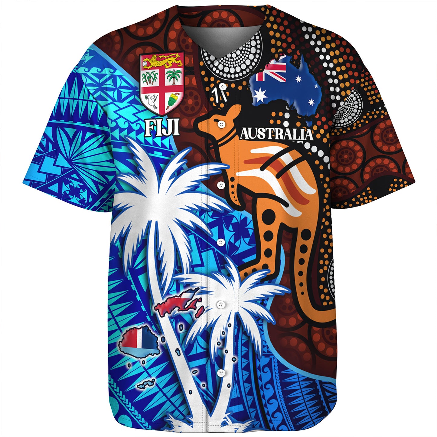 Fiji And Australia Baseball Shirt Fijian Flag Tapa Patterns With Aboriginal Kangaroo
