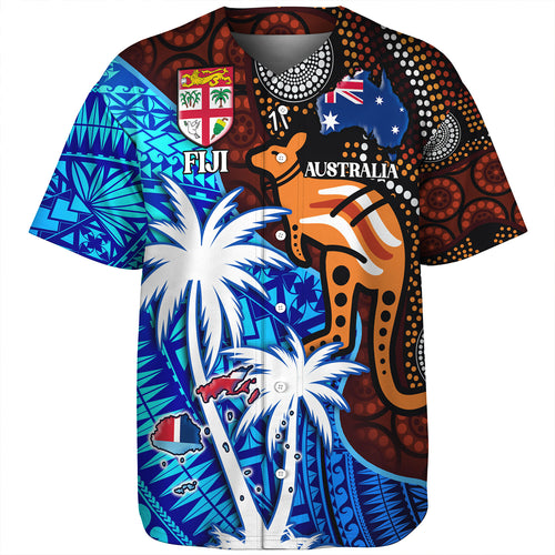 Fiji And Australia Baseball Shirt Fijian Flag Tapa Patterns With Aboriginal Kangaroo