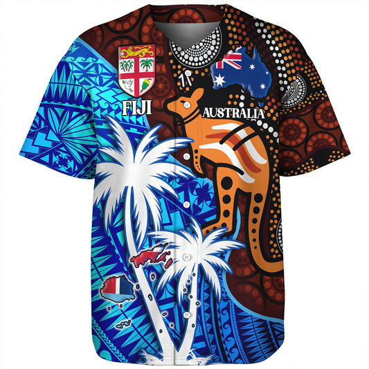 Fiji And Australia Baseball Shirt Fijian Flag Tapa Patterns With Aboriginal Kangaroo