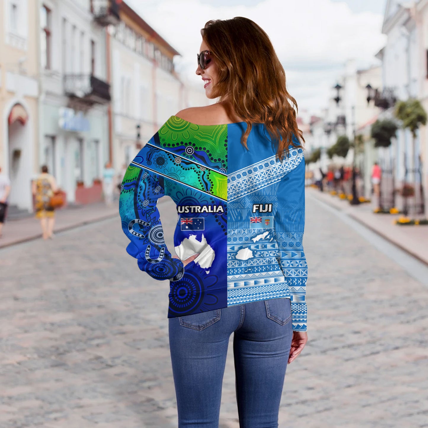Fiji And Australia Custom Personalised Off Shoulder Sweatshirt Fijian Tapa With Australia Aboriginal Style